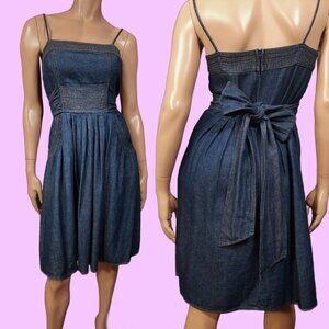 Vintage 90s Y2K Blue Denim Swing Dress Pockets Size S Spaghetti Strap Tie Back